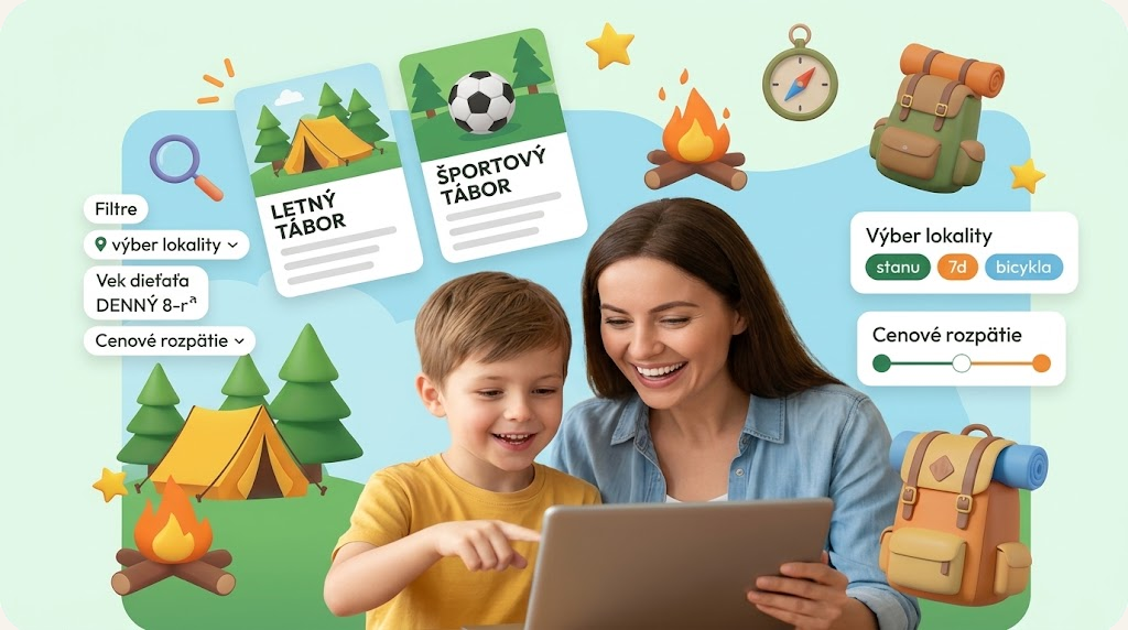 Ilustrácia katalógu Taborino – filtre táborov, kategórie a rodič pri výbere letného tábora